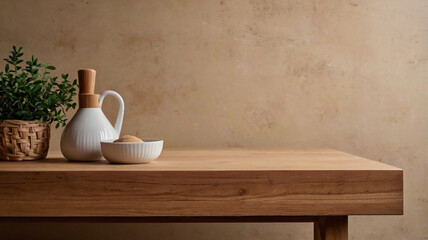 Wooden countertop in the kitchen. Empty product table against a beige wall background. Brown podium for presentation. Interior with a platform for advertising eco-cosmetics.