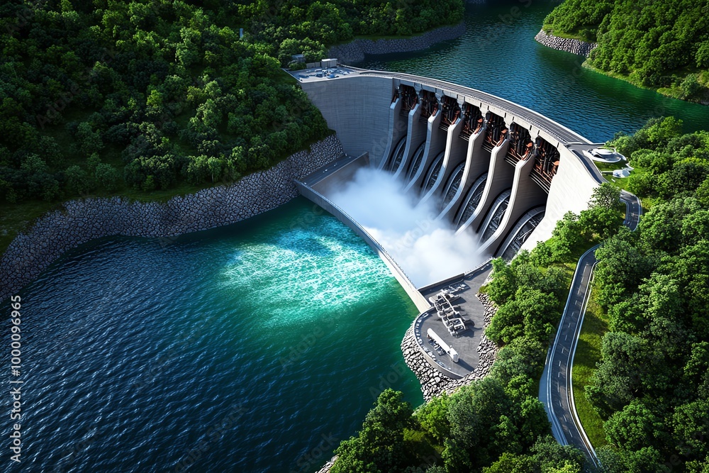 Poster digital 3d rendering of a hydroelectric dam, where users can explore the inner workings, from water 