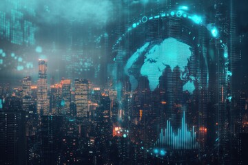 Futuristic Cityscape with Digital Globe and Data Overlays