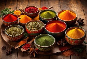 mosaic vibrant spices displayed exquisite bowls showcasing spectrum orange hues culinary enthusiasts, arrangement, aroma, flavor, seasoning, herbs, colors