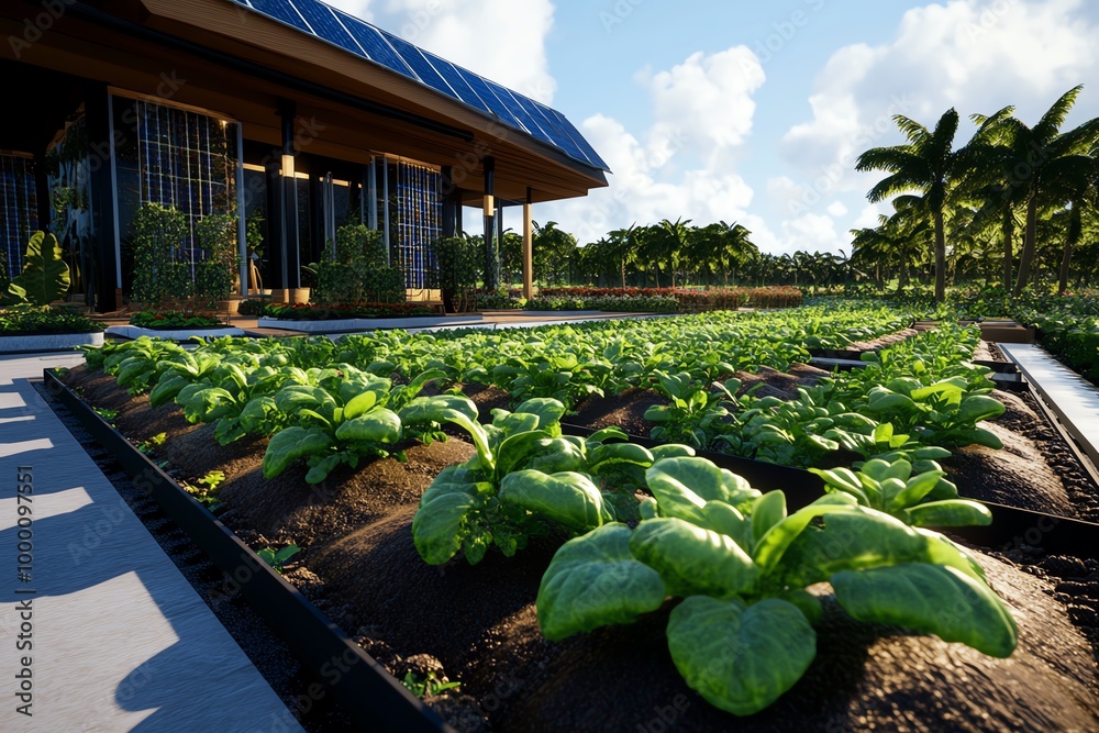 Poster Digital 3D rendering of a sustainable farm, where users can explore different eco-friendly farming methods like solar-powered irrigation and vertical farming
