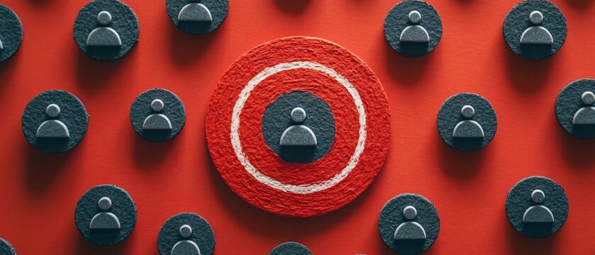 Customer Network Business Focus Gray Target with People Icons on Dark Red Background.