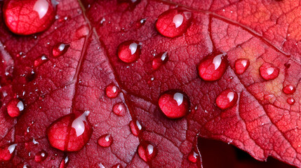 Fototapeta premium Red autumn leaves glistening with raindrops after a fresh rain in a serene outdoor setting