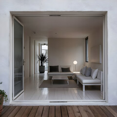 Stylish interior of living room with soft sofa