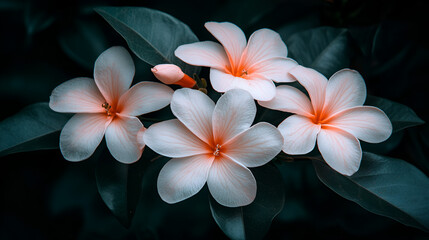 Fototapeta premium Four delicate plumeria flowers blooming against a dark background in a serene garden setting during twilight hours