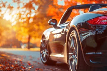 Close-up of a black convertible sports car with autumn trees in the background.