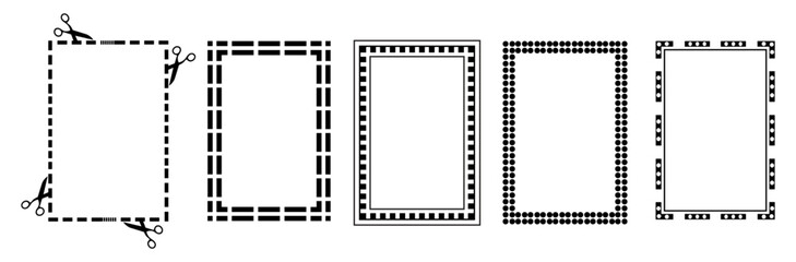 Scallop frames set. Zigzag wavy edges, retro squiggle frames, psychedelic rectangles, photo frames, text boxes, tags, labels. Vector groovy shapes set. Wave and curvy borders