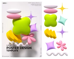 Set of colorful 3d geometric shapes, including spheres, stars, other forms, minimal modern poster design template with geometric soft blown objects of different shapes. Vector illustration © lauritta