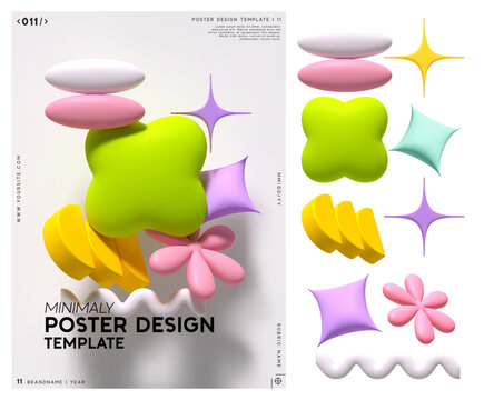 Set of colorful 3d geometric shapes, including spheres, stars, other forms, minimal modern poster design template with geometric soft blown objects of different shapes. Vector illustration