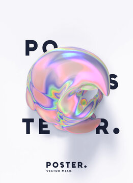 Abstract poster with iridescent 3b form with swirling pastel hues and a glossy finish on a minimal white background. Vector illustration