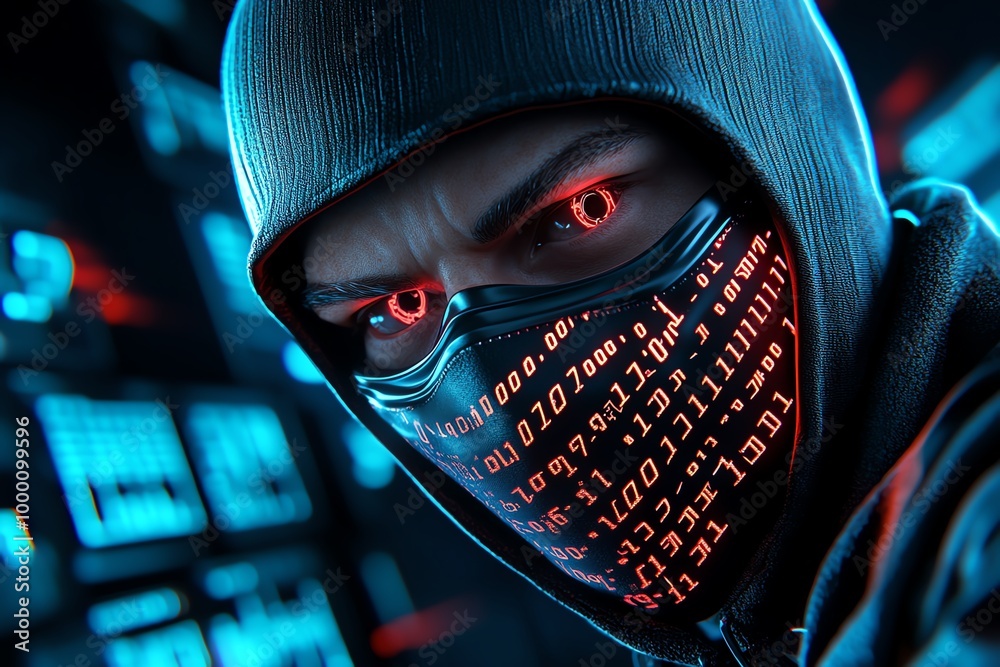 Poster digital identity thief wearing a mask, blending into a background of numbers, code, and personal inf