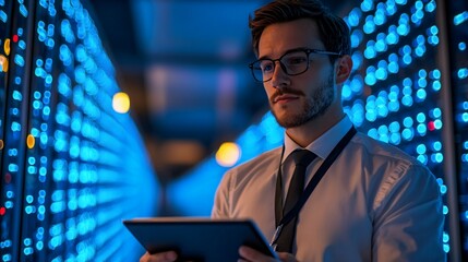 Corporate IT Men Professional in Data Center Monitoring Servers with Tablet