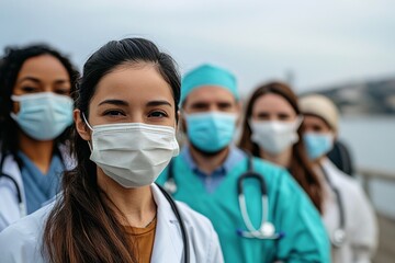 A group of healthcare professionals wearing face masks and looking towards the camera