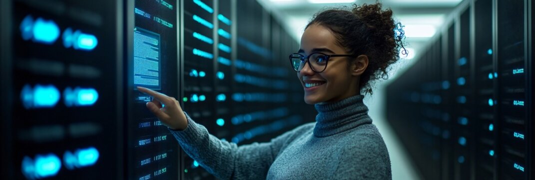 Digital Innovation Young IT Professional smiling Pointing at Holographic Screen in Futuristic Data Center