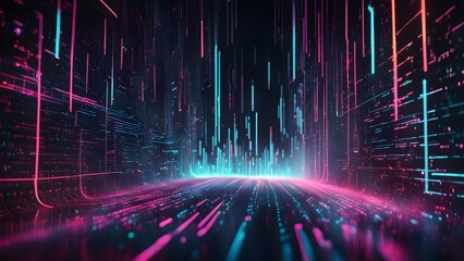 Abstract futuristic cityscape with glowing neon lines.