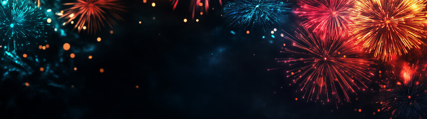 New Year's firework background with colorful fireworks on a black night sky, with space for text and banner design. New Year celebration concept.