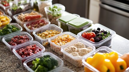 A meal prep session with containers of healthy food neatly organized on a countertop.