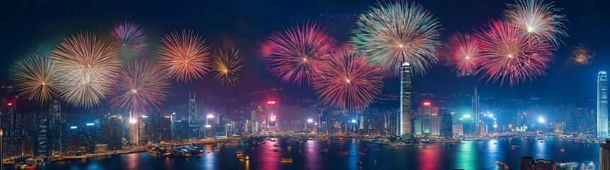 New Year's Eve multicolored holiday fireworks light up the night sky with vibrant colors, illuminating the cityscape below, the perfect backdrop for holiday banners and text space