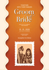 Traditional Royal Wedding Invitation card design with Bride and Groom Welcoming illustration	