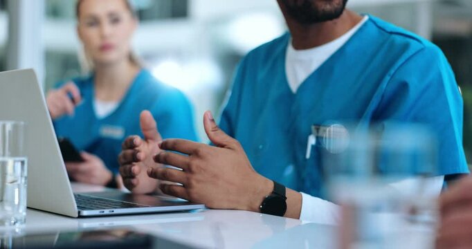 Hands, doctors and group with laptop in office with discussion, feedback or information for monkeypox update. Hospital director, team and people with report, strategy and action plan in boardroom