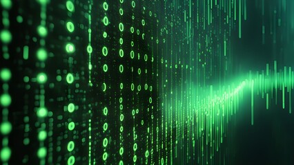 Fototapeta premium Abstract green digital binary code background with a glowing light streak.