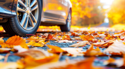 Capture the essence of autumn with this vibrant image of a car driving down a wet road, surrounded by fallen leaves. Perfect for showcasing travel, seasonal change, and the beauty of nature in motion.