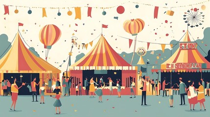 Obraz premium Festive Fairground Fun Colorful Carnival with People Tents and Games