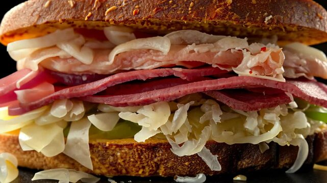 A close-up of a delicious-looking sandwich filled with corned beef, sauerkraut, and onions