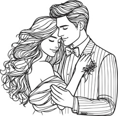 line art wedding husband wife, Mordan, kissing and romantic couple vector design.