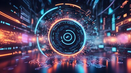 A futuristic, glowing, and abstract digital interface with neon lights and lines.