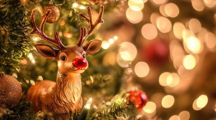 A red-nosed reindeer figurine sits next to a beautifully decorated Christmas tree, surrounded by twinkling lights.