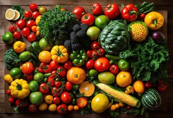 vividly colorful fruit vegetable flat lay arrangement showcasing bounty fresh produce rustic wooden table, assorted, abundance, appetizing, artistic, bowl