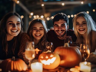 Obraz premium Friends having fun at a Halloween-themed dinner party