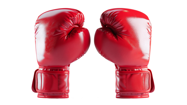 Pair of red boxing gloves on transparent background. PNG