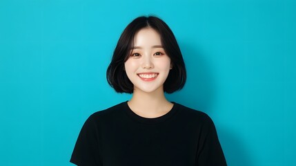 Fototapeta premium A smiling young woman with short hair stands against a vibrant turquoise background.