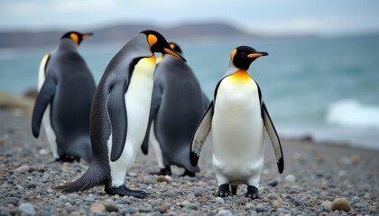 Fototapeta premium Penguin parade on the rocky shore