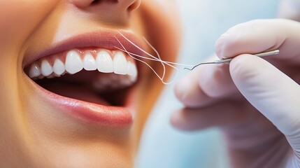 dentist demonstrating the use of dental floss to a patient during an oral hygiene consultation