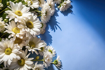 A vibrant display of white daisies intertwined with delicate blossoms on a serene blue background during a sunny afternoon. Generative AI