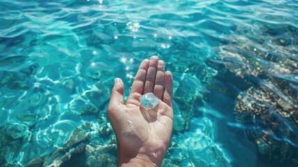 Hand holding Larimar stone above clear turquoise water,National Larimar Day