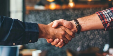 Close-up of a handshake between two individuals in a casual café environment, symbolizing agreement and partnership