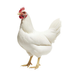 Fototapeta premium A white chicken poses confidently on display, transparent