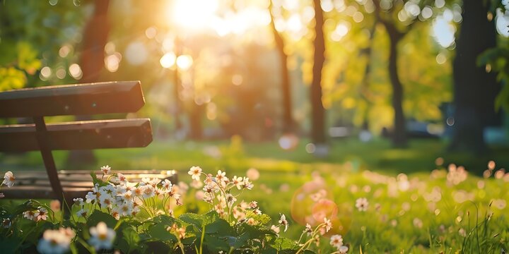 Un parque ingl&eacute;s por la ma&ntilde;ana con un banco y flores
