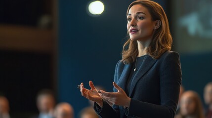 Confident businesswoman delivering a corporate presentation at a seminar or conference. The image showcases her expertise and leadership skills in a professional setting, generative ai