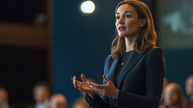 Confident businesswoman delivering a corporate presentation at a seminar or conference. The image showcases her expertise and leadership skills in a professional setting, generative ai