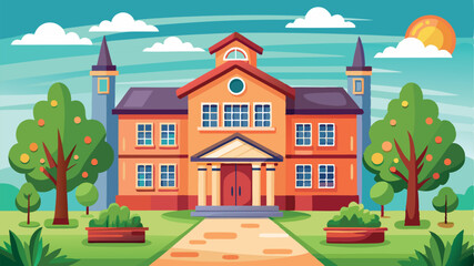 A cartoon vector of back to school illustration of an old European house on a hill, featuring classic architecture and a residential street view