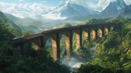 A train crosses an old, weathered bridge surrounded by lush green forests and towering mountains in the distance