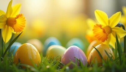 Fototapeta premium Springtime joy with vibrant eggs and blooming daffodils
