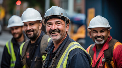 Obraz premium group of smiling builders in hardhats outdoors