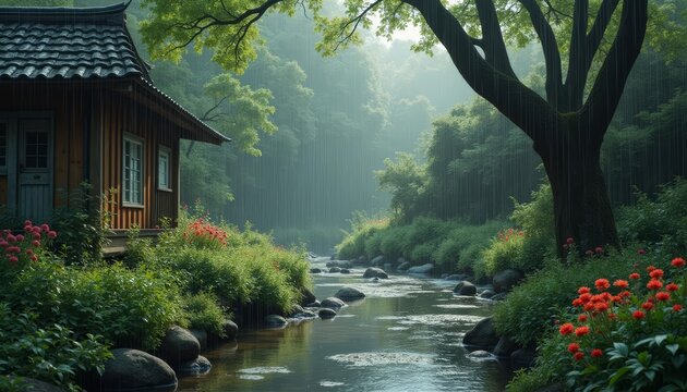  Tranquil forest stream with rustic cabin and vibrant flowers