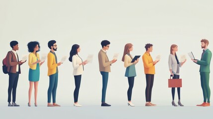 Obraz premium Diverse people in smart casual clothes holding paper documents, CV, resumes, laptops, and cell phones waiting in line for job interviews or business appointments in recruitment agencies, modern offic